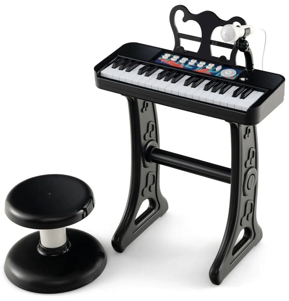 Teclado para piano infantil de 37 teclas com banco, microfone ajustável, suporte ajustável, piano amovível, brinquedo eletrónico para piano Preto