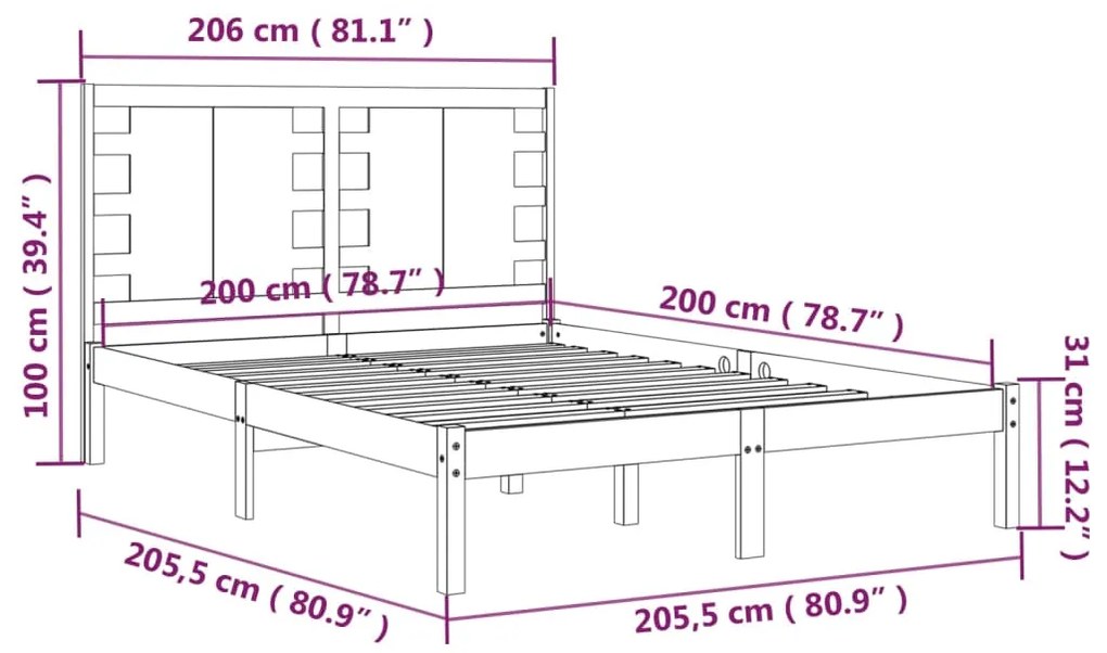 Estrutura de cama 200x200 cm pinho maciço preto