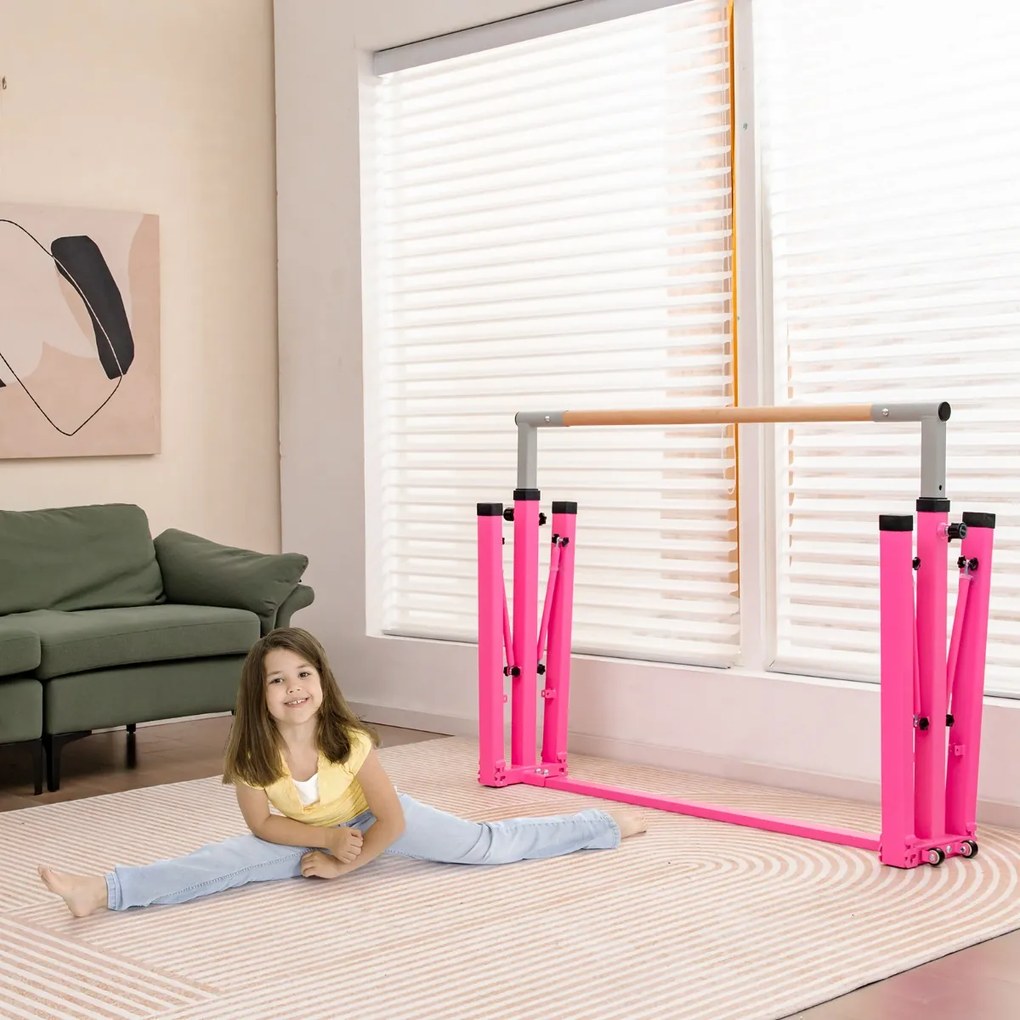 Barra de ginástica infantil dobrável com 13 alturas ajustáveis Estrutura triangular para ginásio em casa Carga 100 kg Rosa