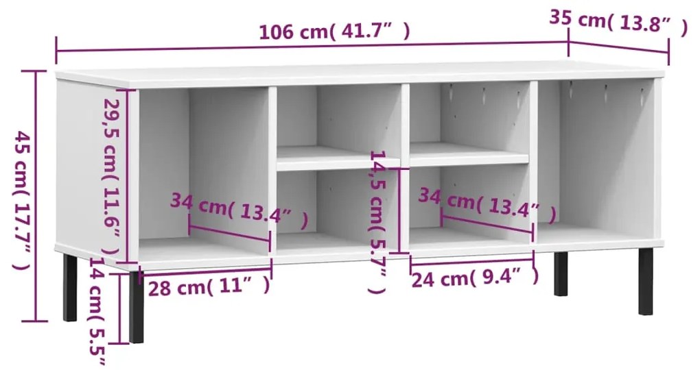 Sapateira pernas metal 106x35x45cm madeira maciça OSLO branco