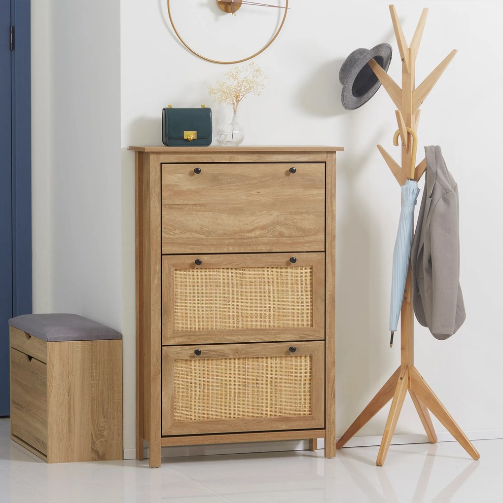 Sapateira, Móvel para sapatos, prateleira para sapatos, armário de 3 portas com abas, efeito de vime - em madeira natural