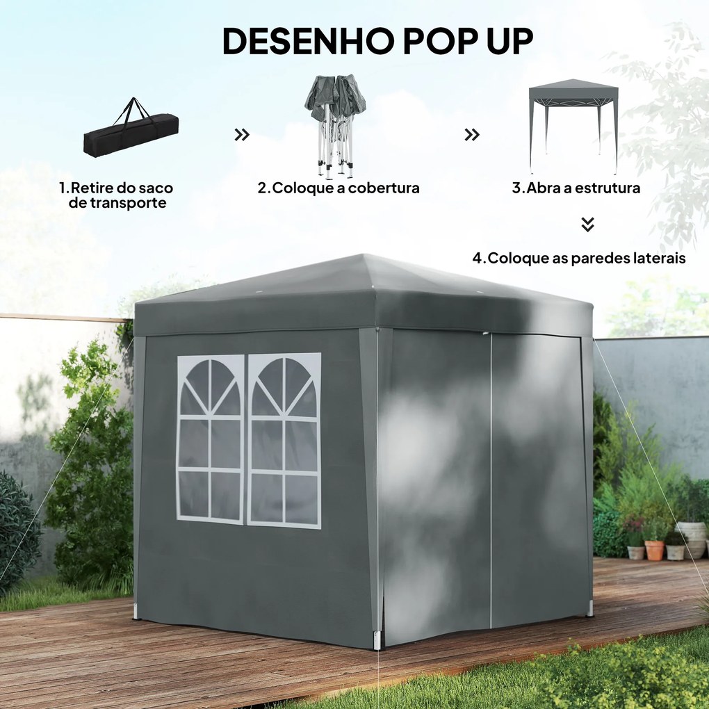 Tenda Dobrável 2x2m com 4 Paredes Laterais Tecido Oxford 2 Janelas e Saco de Transporte Anti-UV Impermeável Cinzento