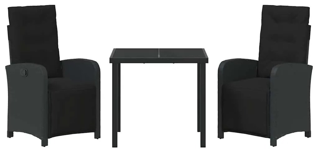 Conjunto de Jantar de Jardim em 3 Peças com Almofadas Preto de Rattan