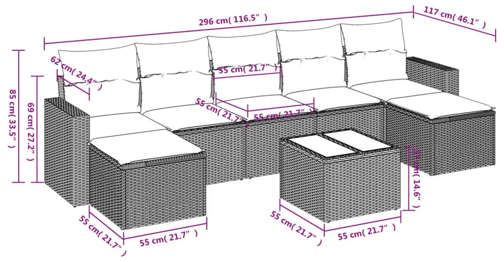 8 pcs conj. sofás jardim c/ almofadões vime PE cinzento-claro