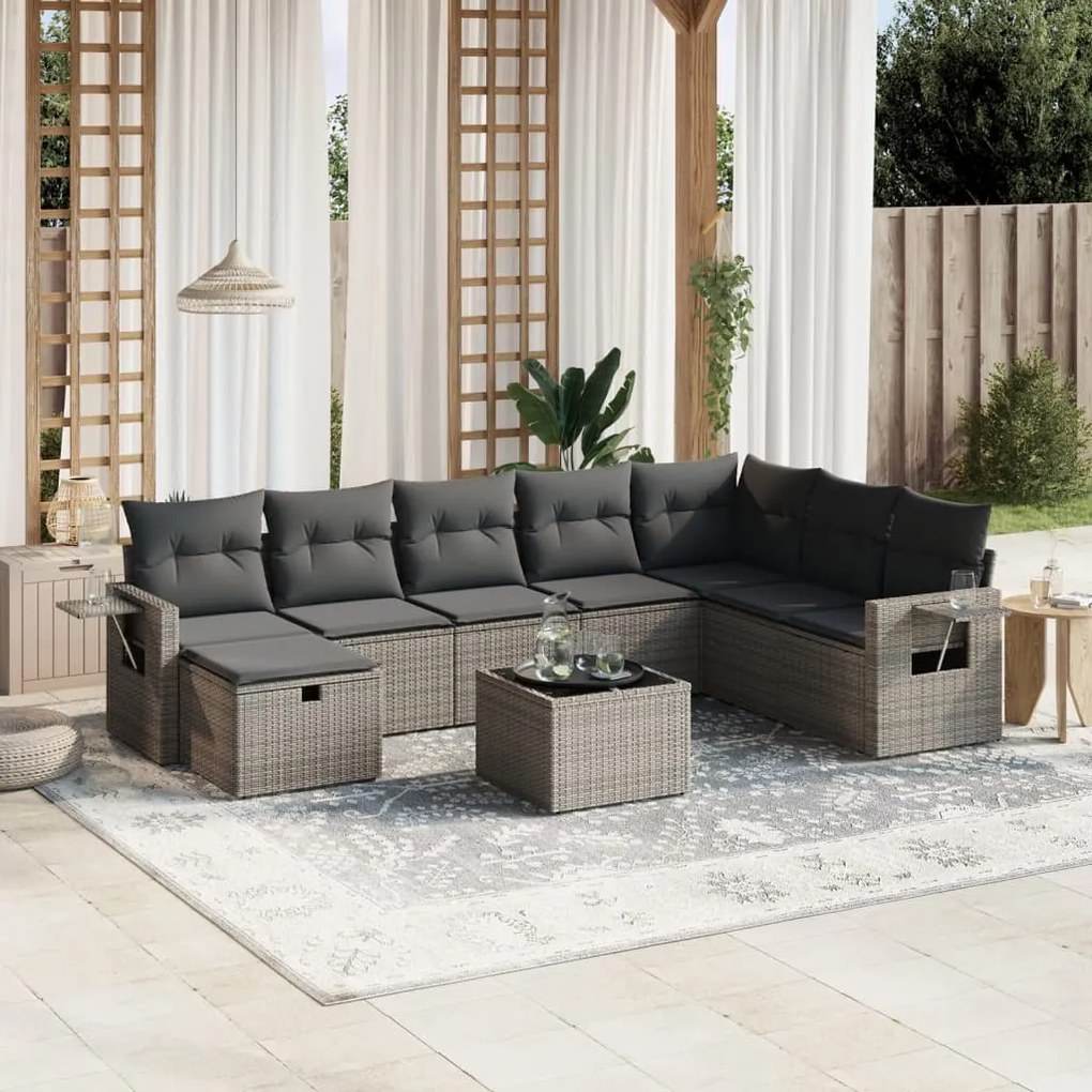 9 pcs conjunto sofás p/ jardim com almofadões vime PE cinzento