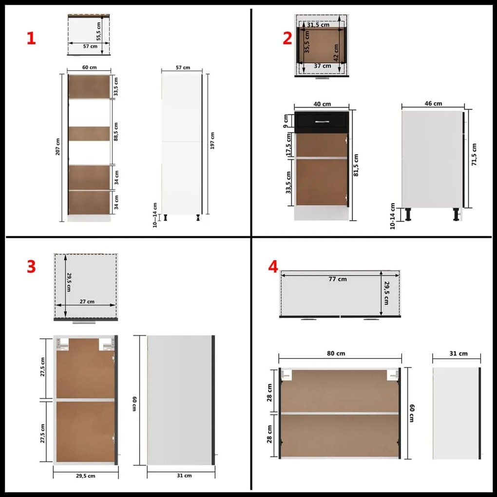 8 pcs conjunto armários de cozinha contraplacado preto