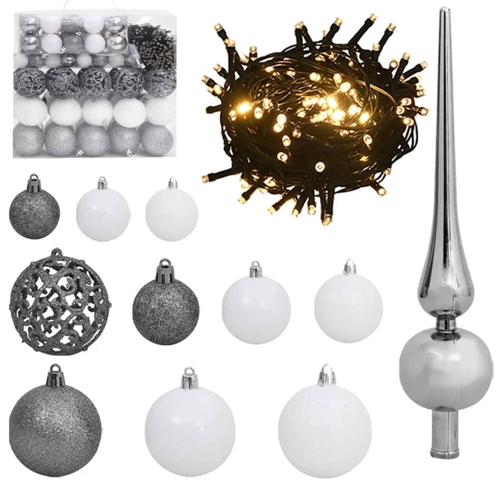 330100 vidaXL Conj. de bolas de natal 120 pcs + pico e 300 LEDs branco/cinza