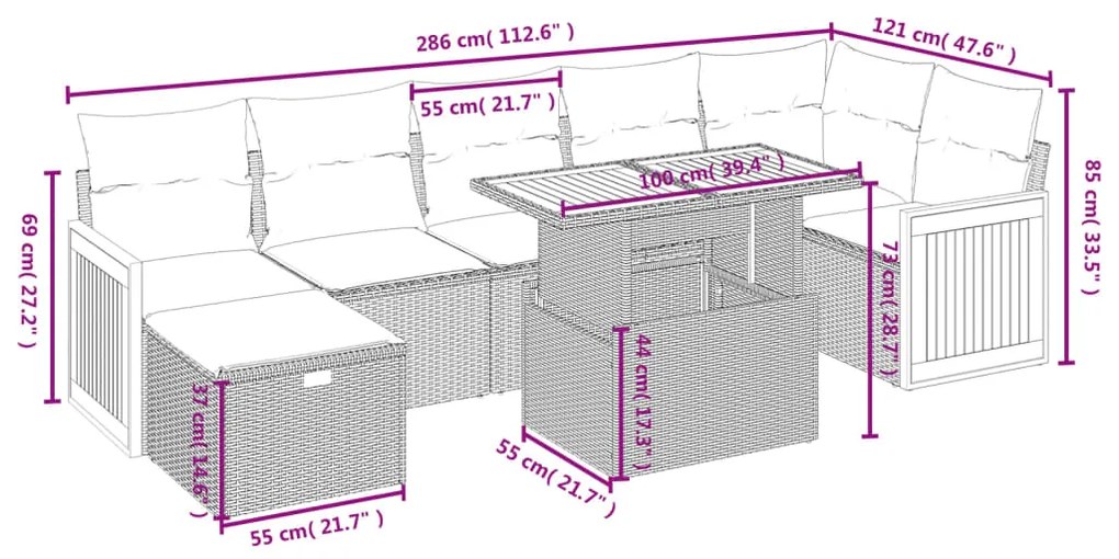 8 pcs conjunto de sofás p/ jardim com almofadões vime PE bege