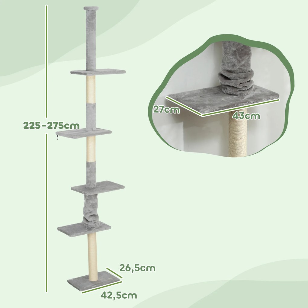 Arranhador para Gatos do Chão ao Teto 225-275 cm Torre para Gatos com Múltiplas Plataformas Sistema Anti-Tombo Cinza