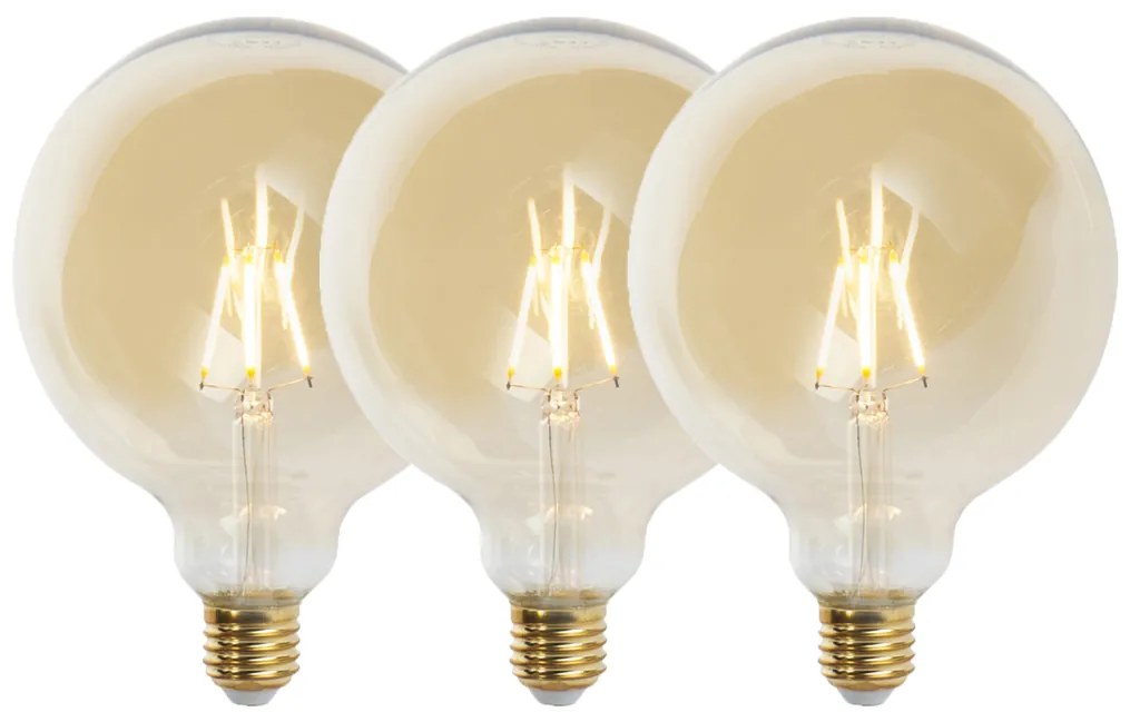 Conjunto de 3 lâmpadas LED reguláveis E27 G125 dourado 5W 450lm 2200K