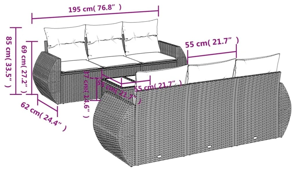 7 pcs conj. sofás jardim com almofadões vime PE cinzento-claro