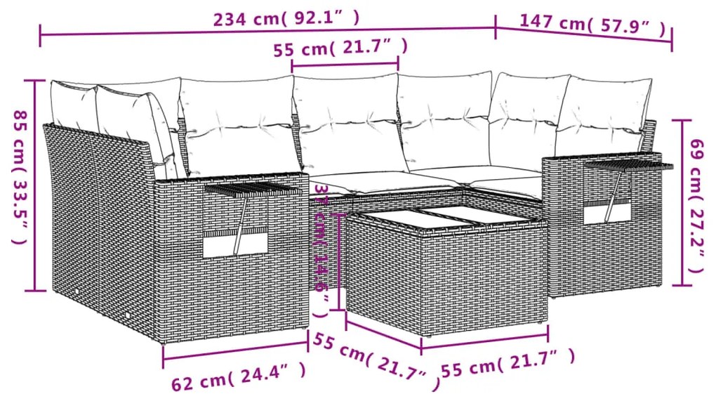 7 pcs conjunto de sofás p/ jardim c/ almofadões vime PE preto