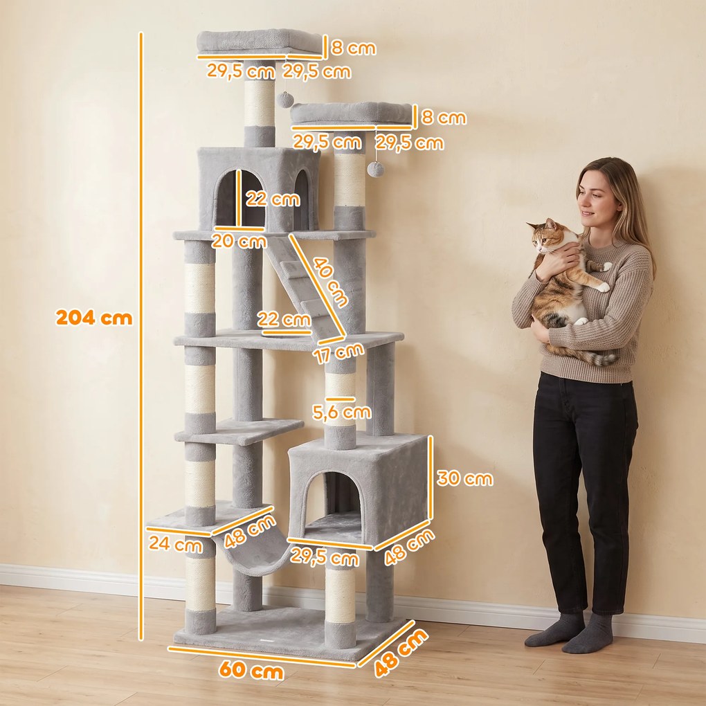 Arranhador para Gatos 204 cm Multinível com 2 Tocas Rede 2 Camas Postes de Sisal e Escada Cinza Claro