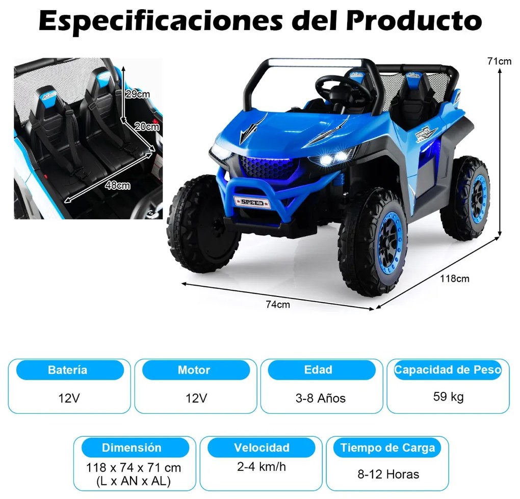 Carro elétrico crianças a bateria 12 V 2 Lugares com comando à distância 2,4G Alta/Baixa velocidade Música 3 a 8 anos 118 x 74 x 71 cm Azul