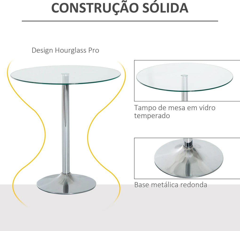 Mesa de Jantar Redonda para 2 Pessoas (CADEIRAS NÃO INCLUIDAS) Mesa de Cozinha Moderna com Superfície de Vidro Temperado para Sala de Estar Prata
