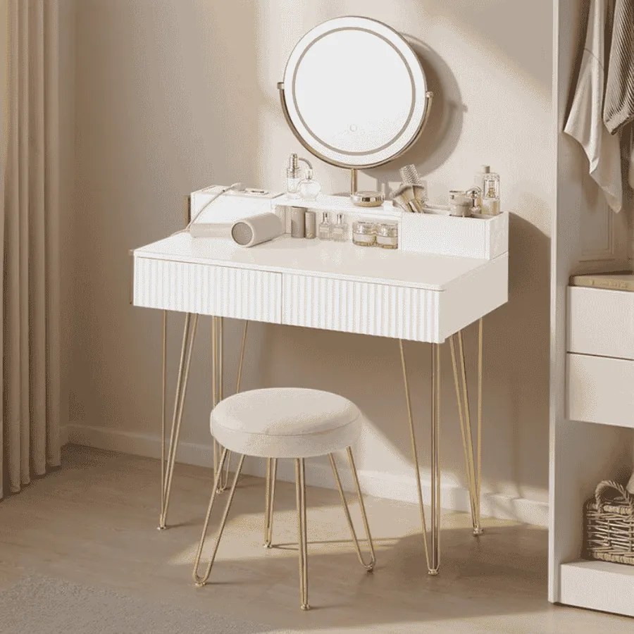 Toucador com banco 40 x 80 x 134,8 cm e iluminação com régua de tomadas branco mate-Dourado