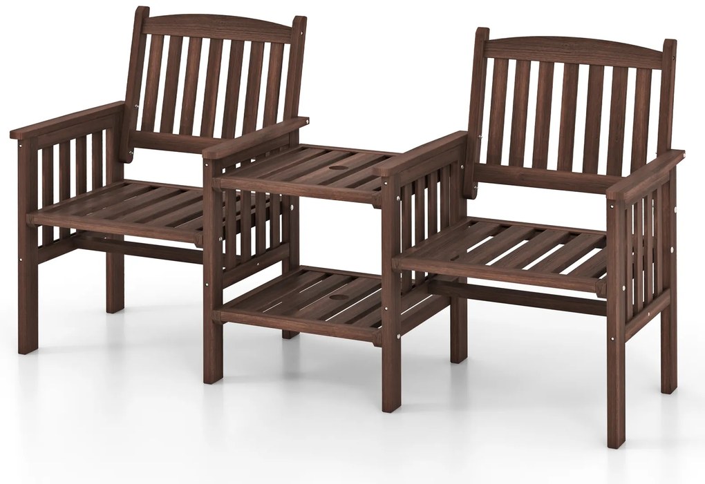 Sofá de dois lugares para área externa em madeira de abeto com mesa lateral de 2 níveis e furo para guarda-chuva de 4,9 cm - branco
