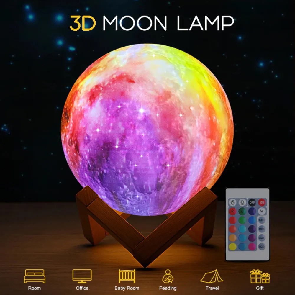 Lâmpada LED Bluetooth Altavoz 3D Lua 16 Cores