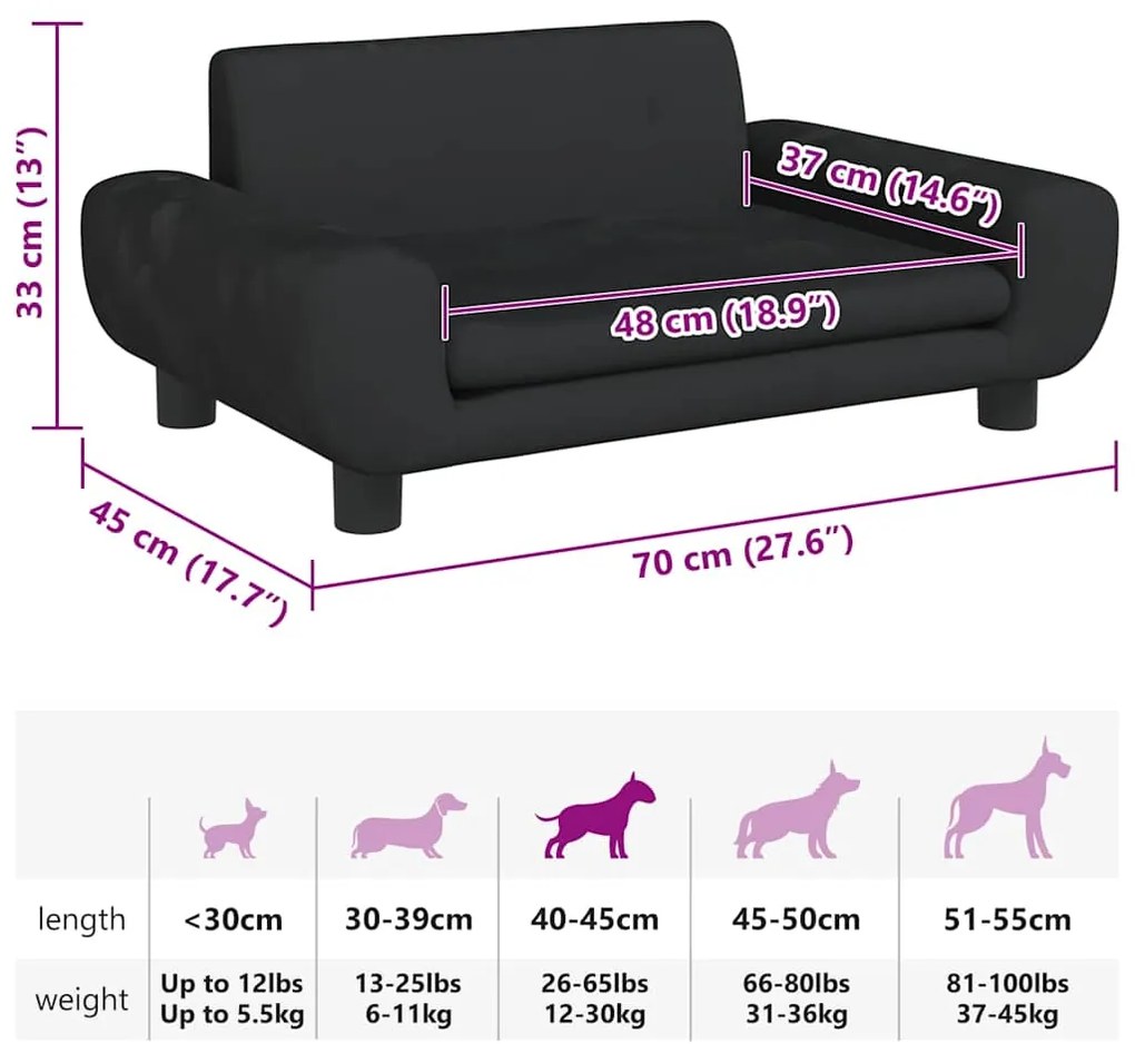 Cama para cães 70x45x33 cm veludo preto