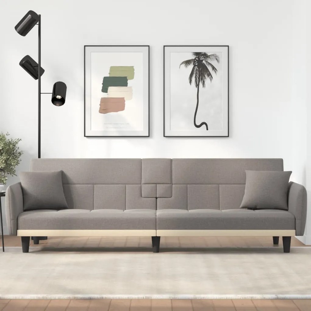 vidaXL Sofá-cama com suportes para copos tecido cinzento-acastanhado