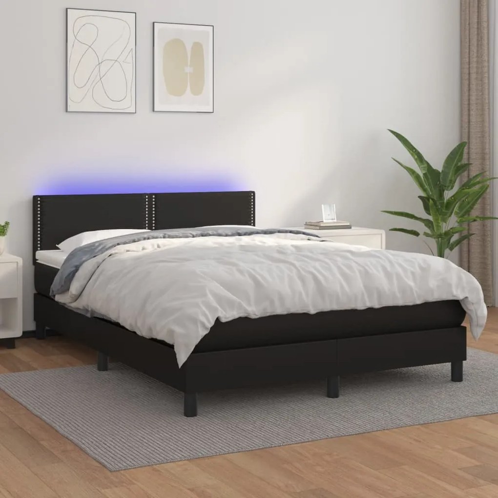 vidaXL Cama box spring c/ colchão/LED 140x200cm couro artificial preto