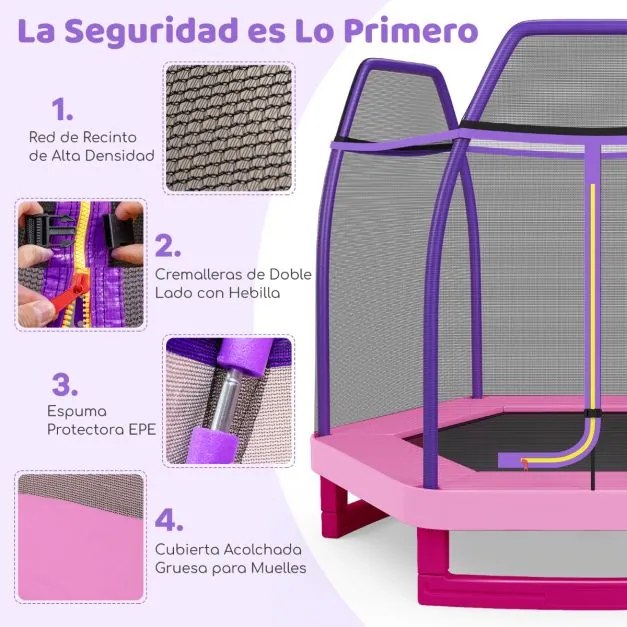 Trampolim para crianças 223 cm com rede de segurança Estrutura de aço Capacidade de carga 150 kg Trampolim para interior e exterior Rosa