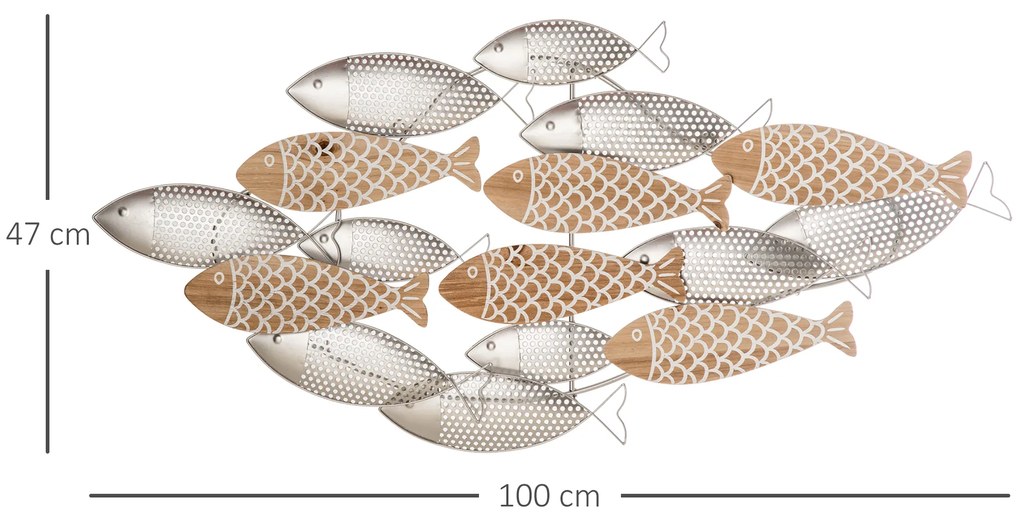 HOMCOM Decoração de Parede de Metal e Madeira 3D de Peixes 100x47cm Arte de Parede Metálica para Sala de Estar Dormitório Escritório Prata e Madeira