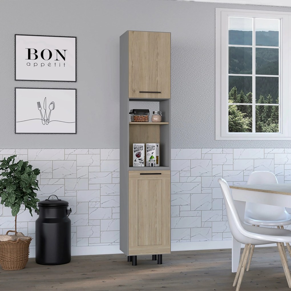 Armário despensa de cozinha alta Hasselt com dois armários de armazenamento e prateleiras internas, 208,4 cm a x 13,75 cm p x 15,75 cm L, cinza/rovere
