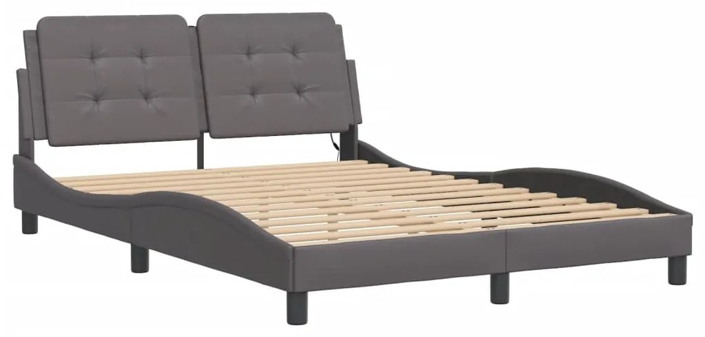 Estrutura cama c/ luzes LED 140x190 cm couro artificial cinza
