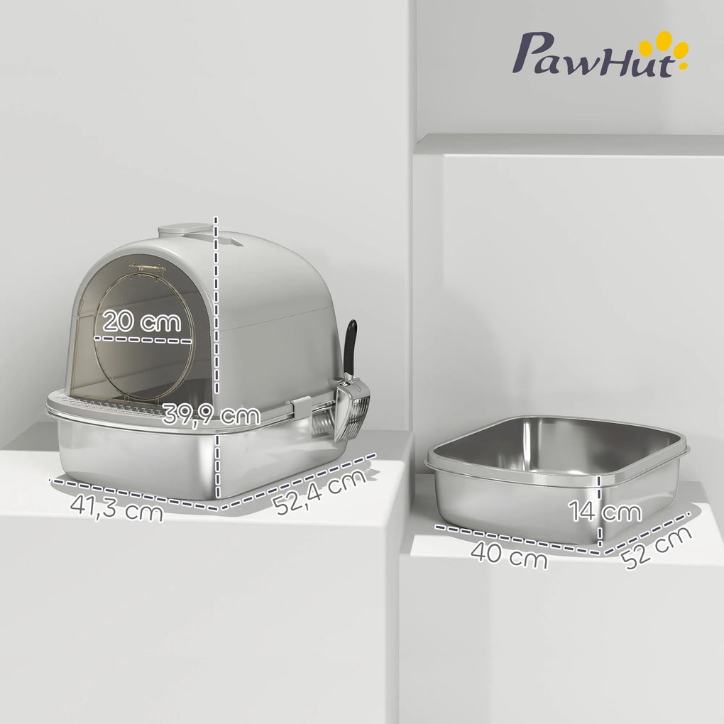 Caixa de Areia para Gatos em Aço Inoxidável com Tampa Caixa de Areia com Bolsa Desodorizante e Pá 52,4x41,3x39,9 cm Cinzento