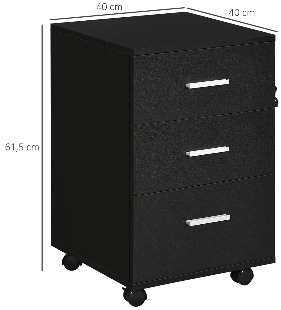 Bloco de Gavetas para Escritório Móvel de Arquivos com 3 Gavetas e Fechadura para Secretária Casa 40x40x61,5 cm Preto