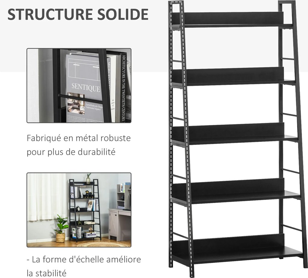 Estante de arrumação em estilo industrial 70 x 35 x 150 cm, inclinada, com 5 níveis , preta