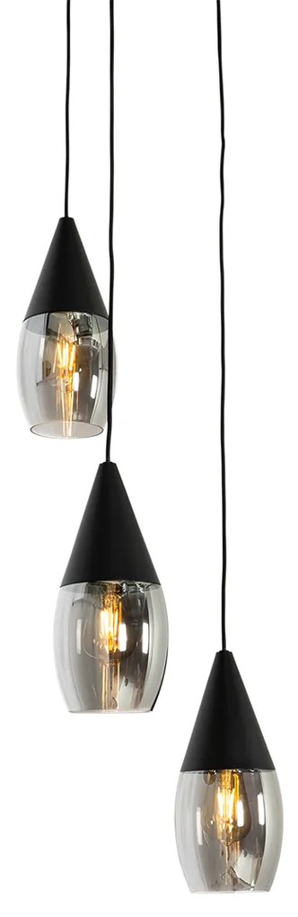 Candeeiro de suspensão moderno preto com vidro fumê 3 luzes - Drop Moderno