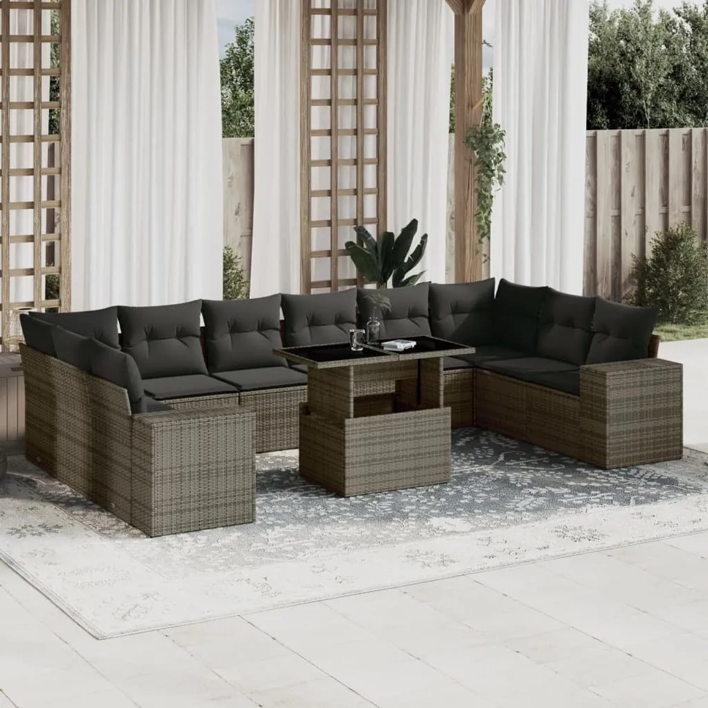 11 pcs conjunto sofás de jardim c/ almofadões vime PE cinzento