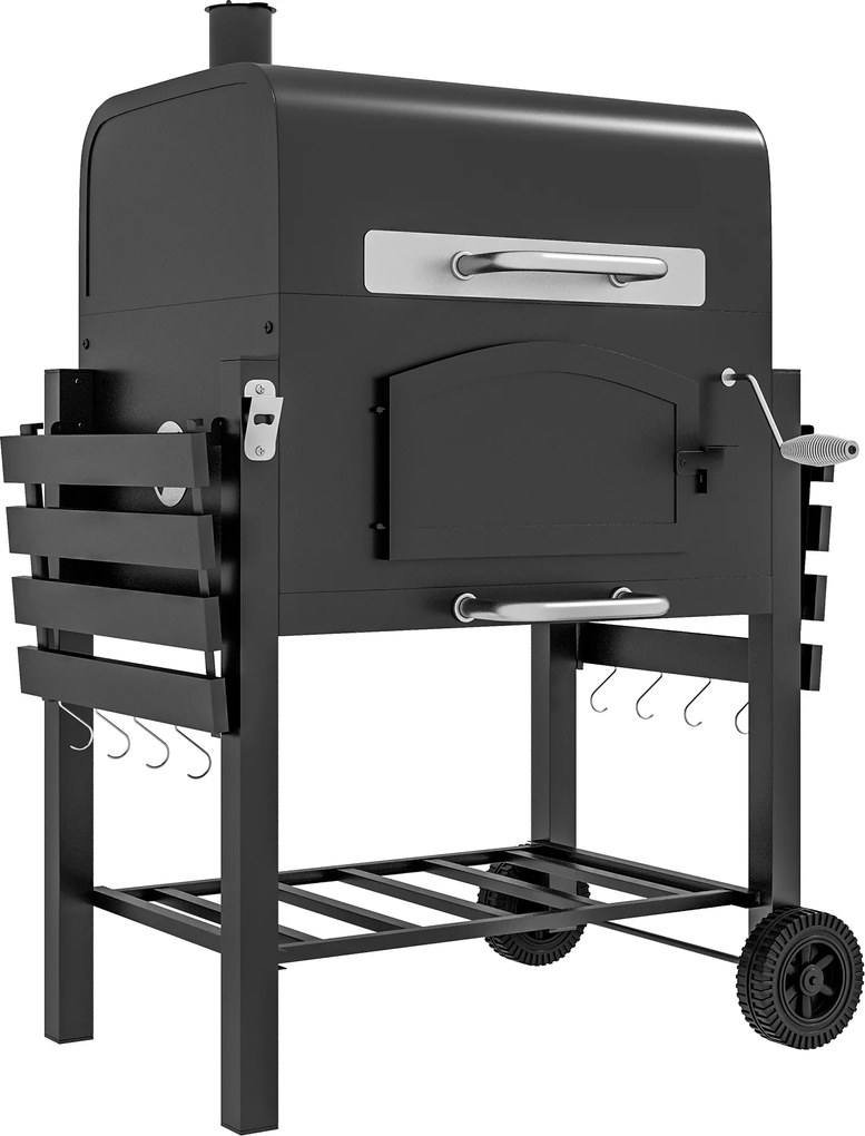 Outsunny Grelhador a carvão BBQ, Defumador, compartimento de carvão ajustável, prateleiras laterais, 124 x 66 x 112 cm, Preto | Aosom Portugal