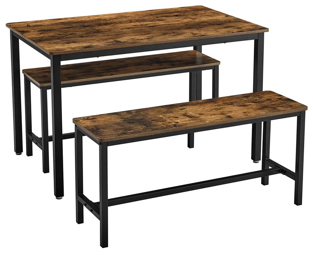 Mesa de Jantar VASAGLE com 2 Bancos, Conjunto de 3 Peças, Mesa de Cozinha de 110 x 70 x 75 cm, 2 Bancos de 97 x 30 x 50 cm Cada, Estrutura de Aço, Design Industrial, Marrom Rústico e Preto KDT070B01