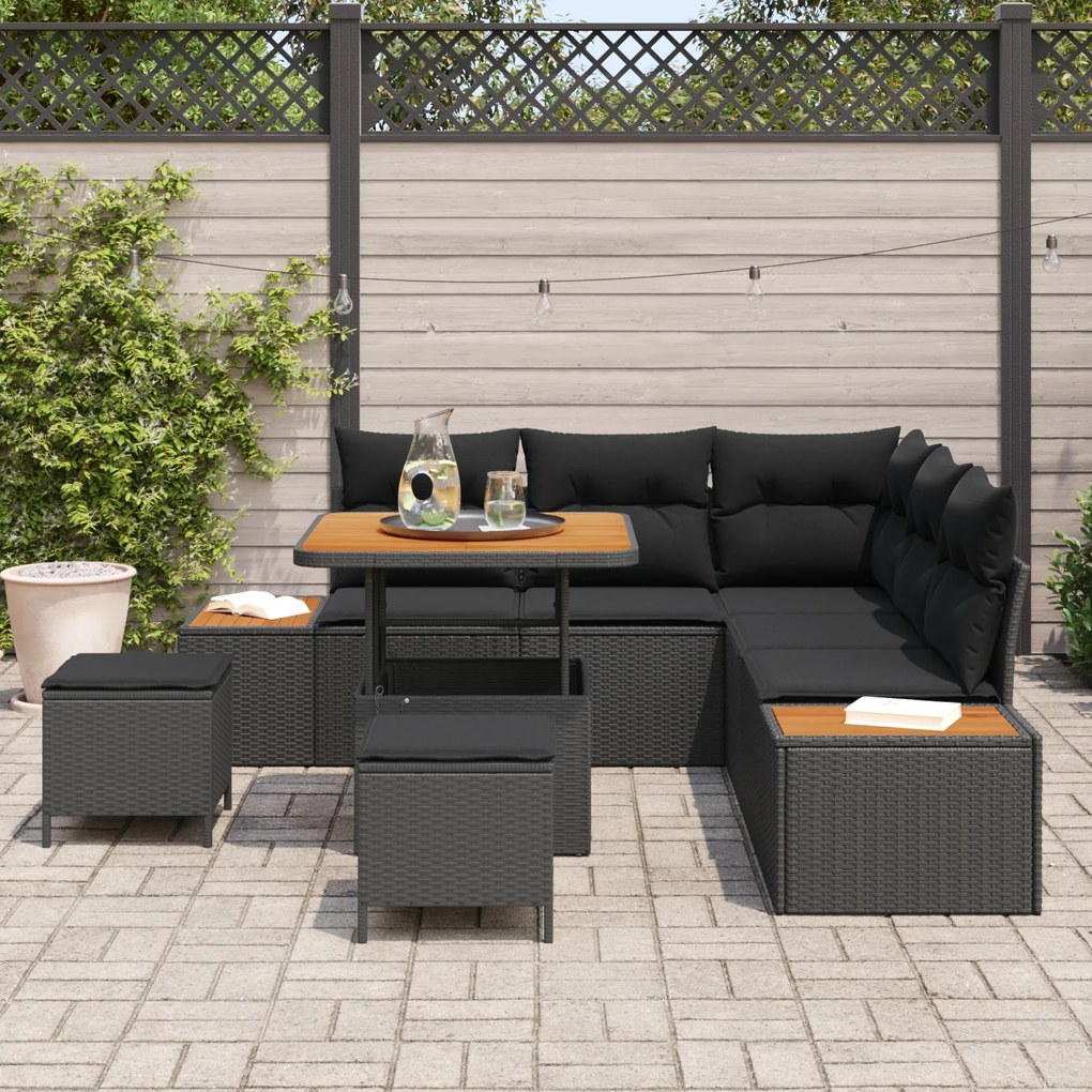 Conjunto de Sofá de Jardim vidaXL com Almofadas Vime Poli Preto Acácia