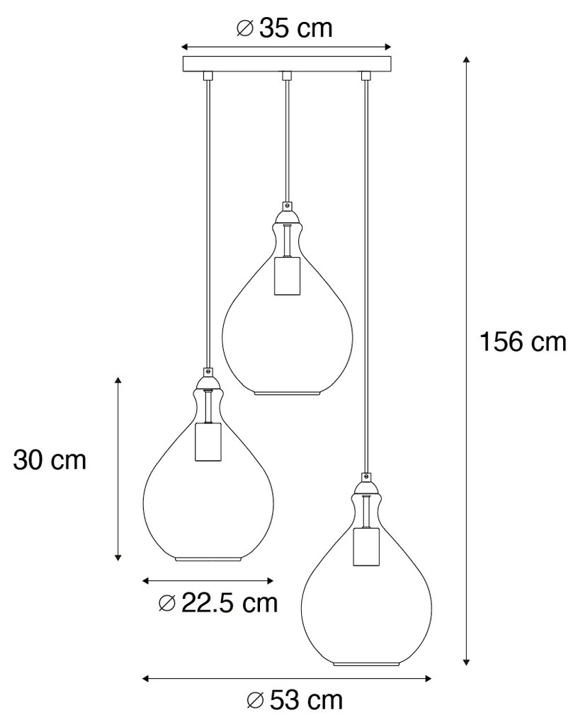 Candeeiro suspenso moderno dourado com vidro âmbar 3-luzes - Traditional Moderno