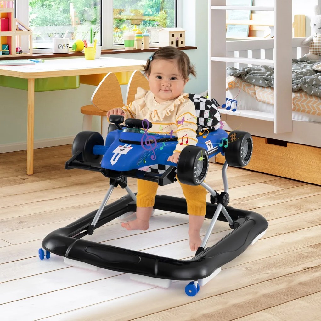 Andarilho para bebés 4 em 1 com altura ajustável em 3 níveis, volante, com assento almofadado e caixa de música azul