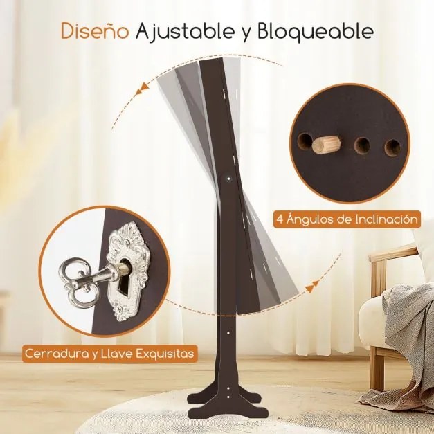 Armário para joias com espelho de corpo inteiro e luzes LED 4 ângulos de inclinação ajustáveis 41 x 37 x 146 cm Castanho