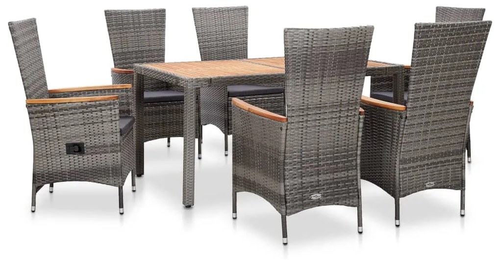 vidaXL 7 pcs conjunto jantar exterior com almofadões vime PE cinzento