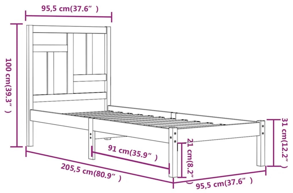 Estrutura de cama 90 x 200 cm pinho maciço