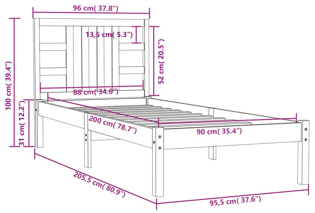 Estrutura de cama 90x200 cm madeira maciça branco