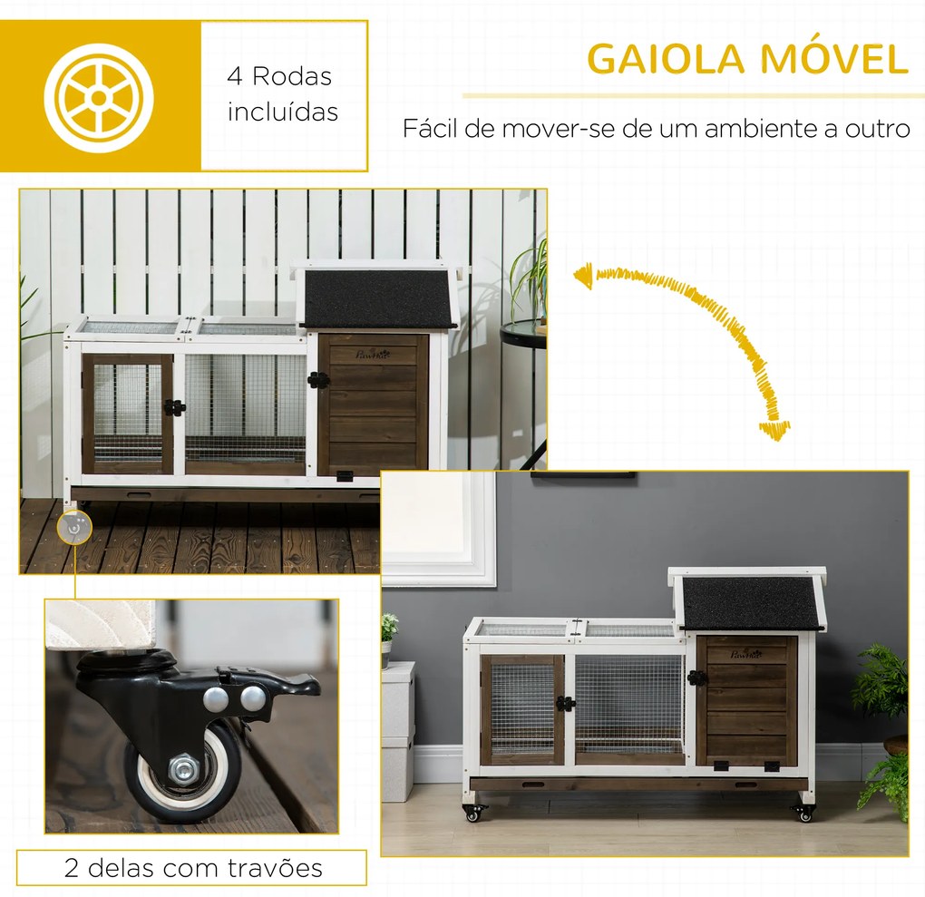 PawHut Coelheira de Madeira com Rodas 108x58x73,5cm Gaiola para 1-2 Coelhos com Teto Abatível Cerca Metálica Bandeja Amovível Portas com Trava e Rampa Marrom Café e Branco