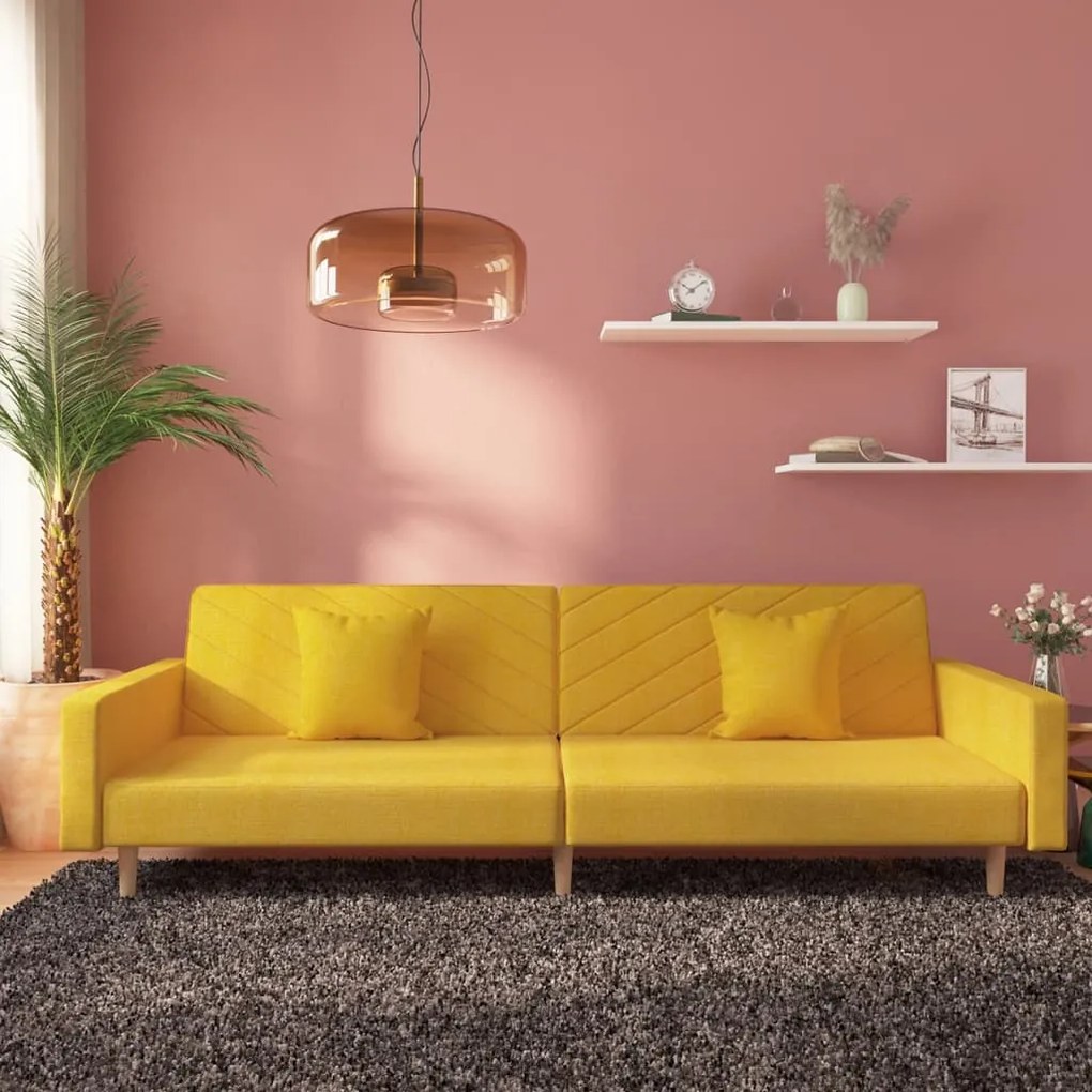 337612 vidaXL Sofá-cama 2 lugares com duas almofadas tecido amarelo