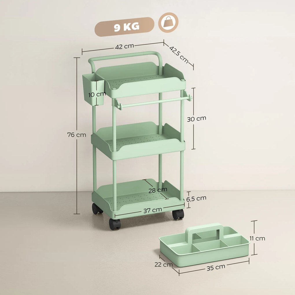 Carrinho Auxiliar com Rodas de 3 Níveis com Cestos Extraíveis Suporte para Toalhas e Estrutura de Metal 42x42,5x76 cm Verde