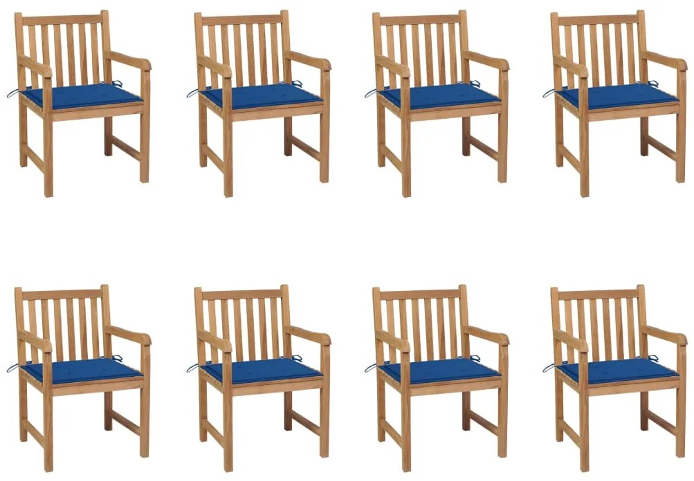 vidaXL Cadeiras de jardim c/ almofadões azul real 8 pcs teca maciça