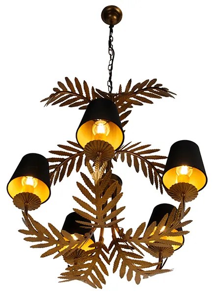 Candeeiro de teto dourado com abajur de algodão preto 5 luzes - Botanica Rústico