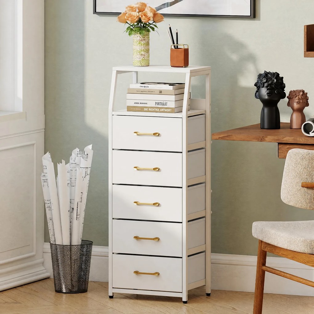 Cómoda de 5 Gavetas, 40,5 x 29 x 110,5 cm, Gavetas de Tecido Removíveis, Branco