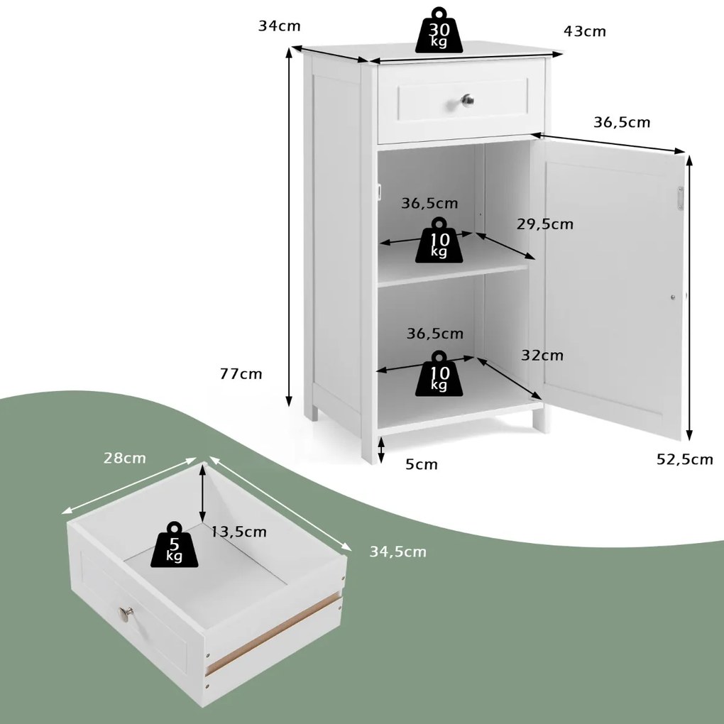 Armário de casa de banho com porta Estante ajustável Gaveta 43 x 34 x 77 cm Branco